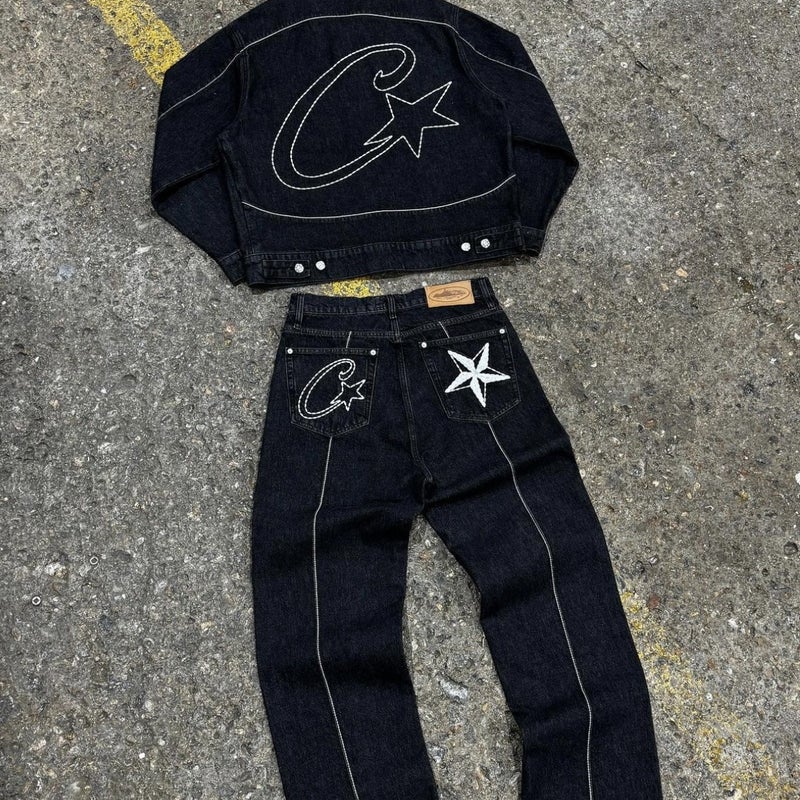 Corteiz Alcatraz Island Denim Suit High Street West Denim Jacket Coat Loose Jeans Trendy Brand - Image 2